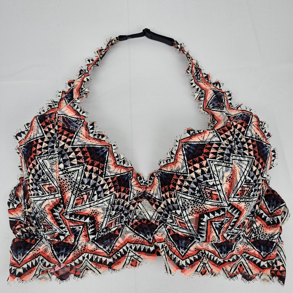 Victoria's Secret Lace Halter‎ Bralette Size M Adjustable Geometric Print Lined